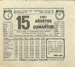 15 Ağustos 1987 Takvim Yaprağı - Doğum Günü Hediyesi EFMN13919