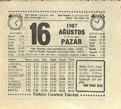 16 Ağustos 1987 Takvim Yaprağı - Doğum Günü Hediyesi EFMN13920