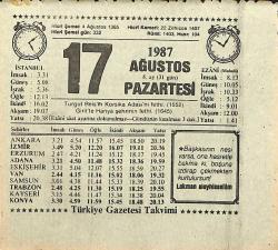 17 Ağustos 1987 Takvim Yaprağı - Doğum Günü Hediyesi EFMN13921