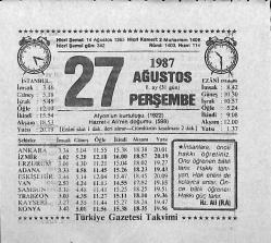 27 Ağustos 1987 Takvim Yaprağı - Doğum Günü Hediyesi EFMN13931