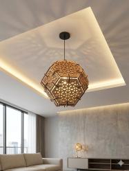 ✨Yüzeyi kare ve altıgenlerden oluşan islami desenli ahşap küre avizearımı