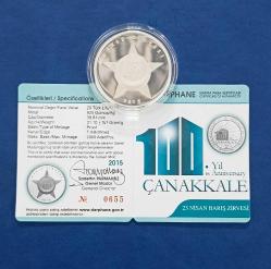 2015 Yılı 23 Nisan Çanakkale Barış Zirvesi 100.Yıl Gümüş Hatıra Parası / Sertifikalı