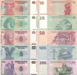 Kongo 10-20-50-100-200 Francs Eski Kağıt Para Seti Çil ( Unc ) 5'Li Set Koleksiyon Para