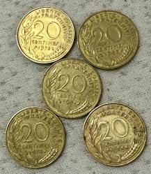 1960-70-80 Dönemlerine Ait Fransa 20 centimes 5 adet madeni paralar ÇÇT/ÇT
