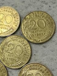 1960-70-80 Dönemlerine Ait Fransa 20 centimes 5 adet madeni paralar ÇÇT/ÇT