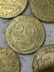 1960-70-80 Dönemlerine Ait Fransa 20 centimes 5 adet madeni paralar ÇÇT/ÇT