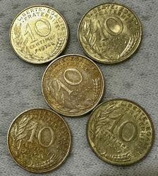 1960-70-80-90 Dönemlerine Ait Fransa 10 centimes 5 adet madeni paralar ÇÇT/ÇT