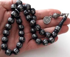 OSMANLI DÖNEMİ OBJEDEN YAPILMA GÜMÜŞ VE SARI PİRİNÇ KAKMALI HAVŞALI YÜSÜRİ TESPİH (77 DERDE DEVA DİYE BİLİNİR)MÜTHİŞ İŞÇİLİKLİ MUHTEŞEM GÜMÜŞ ANTİK PÜSKÜLLÜ A1A1W1R1 ÇOK NADİR