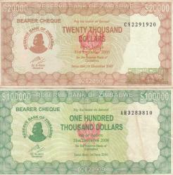 ZİMBABWE 2007 YILI 20.000 VE 100.000 BOLİVARES / ÇOK ÇOK TEMİZ