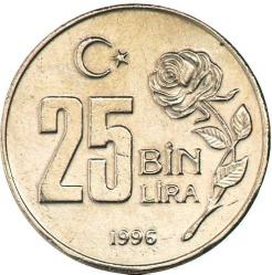 Türkiye Cumhuriyeti 1996 Yılı  25 Bin Lira  Kenar Yazısı Turaya Göre Düz   (9335)