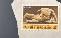 Yunanistan Pulu - Greek Stamp - Mektup Zarfından Kesilmiş / Postadan Geçmiş Pul Filateli -  Heykel, İlissus temalı pul , 27 PARA - YABANCI PULLAR - NOSTALJİK DOĞUM GÜNÜ HEDİYESİ