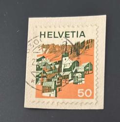İsviçre Helvetya Pulu - Helvetia Stamp - Mektup Zarfından Kesilmiş /Postadan Geçmiş Pul Filateli -Damgalı- İsviçre Helvetia Ernen Köyü Valais temalı pul , 50 PARA - YABANCI PULLAR -NOSTALJİK DOĞUM GÜNÜ HEDİYESİ