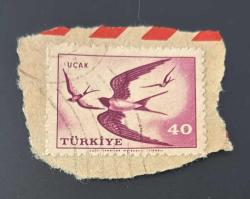 Türk Pulu - Turkish Stamp -Mektup Zarfından Kesilmiş /Postadan Geçmiş Pul Filateli - Damgalı -KIRLANGIÇ KUŞLARI TEMALI PUL, 40 PARA - Türkiye Cumhuriyeti - NOSTALJİK DOĞUM GÜNÜ HEDİYESİ
