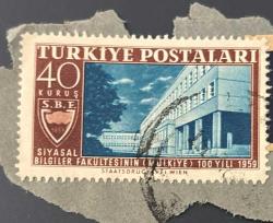 Türk Pulu - Turkish Stamp - Mektup Zarfından Kesilmiş /Postadan Geçmiş Pul Filateli - Damgalı - SİYASAL BİLGİLER FAKÜLTESİNİN 100. YILI 1959 , 40 KURUŞ - Türkiye Cumhuriyeti - NOSTALJİK DOĞUM GÜNÜ HEDİYESİ