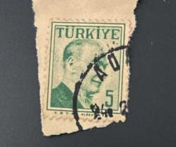 Türk Pulu - Turkish Stamp - Mektup Zarfından Kesilmiş /Postadan Geçmiş Pul Filateli - Damgalı - ATATÜRK TEMALI PUL , 5 PARA - Türkiye Cumhuriyeti - NOSTALJİK DOĞUM GÜNÜ HEDİYESİ