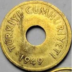 Türkiye 1949 1 Kuruş Pirinç Delikli Tip Çilaltı Kondisyon