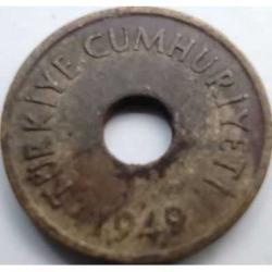 Türkiye 1949 1 Kuruş Pirinç Delikli Tip Çilaltı Kondisyon