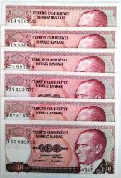7. EMİSYON 6' LI LOT 100 LİRA A-B-C-D-E-F SERİLERİ (ÇÇT KONDİSYONDA) RESİMDEKİ ÜRÜ GÖNDERİLECEKTİR (29)