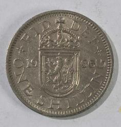 1966 İngiltere 1 Shilling, Ön Yüzde Kraliçe Elizabeth Arka Yüzünde  İskoç arması, taçlı kalkan içinde şaha kalkmış aslan