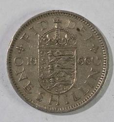 1966 İngiltere 1 Shilling, Ön Yüzde Kraliçe Elizabeth Arka Yüzünde  taçlı kalkan üzerinde üç aslan