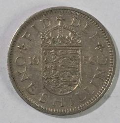 1956 İngiltere 1 Shilling, Ön Yüzde Kraliçe Elizabeth Arka Yüzünde  taçlı kalkan üzerinde üç aslan