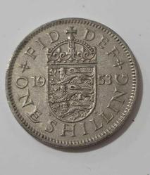 1953 İngiltere 1 Shilling, Ön Yüzde Kraliçe Elizabeth Arka Yüzünde  taçlı kalkan üzerinde üç aslan