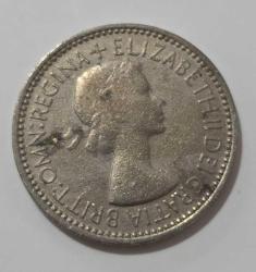1953 İngiltere 1 Shilling, Ön Yüzde Kraliçe Elizabeth Arka Yüzünde  taçlı kalkan üzerinde üç aslan
