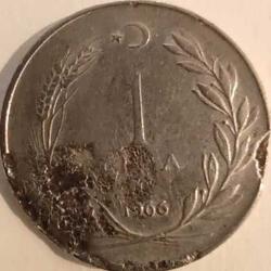 Türkiye 1966 1 Lira Başak ve Ay Yıldız Temalı
