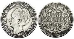 Hollanda 25 Cent , 1940 Gümüş 3.58 gr Kraliçe Wilhelmina (1890 - 1948)