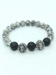 El İşçiliği Çift Aslan Figürlü 8mm Kuvars & 10mm Lav Taşı Bileklik