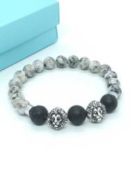 El İşçiliği Çift Aslan Figürlü 8mm Kuvars & 10mm Lav Taşı Bileklik