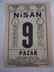 BÜYÜK SAATLİ MAARİF TAKVİMİ 9 Nisan 1972 Pazar - TAKVİM YAPRAĞI