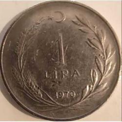 Türkiye 1970 1 Lira Başak ve Ay Yıldız Temalı - TC Ters