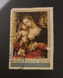 Ekvator Ginesi Pulu - Equatorial Guinea Stamp - Postadan Geçmiş Pul Filateli - DAMGALI -  Jan Gossaert-  Meryem Ana ve Çocuk İsa portresini tasvir eden posta pulu , 8 PARA - YABANCI PULLAR - NOSTALJİK DOĞUM GÜNÜ HEDİYESİ