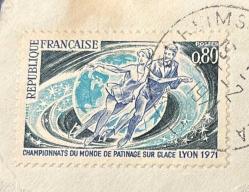 Fransa Pulu - France Stamp - Mektup Zarfından Kesilmiş /Postadan Geçmiş Pul Filateli - DAMGALI -  DÜNYA BUZ PATENİ ŞAMPİYONASI LYON 1971 TEMALI PUL, 0.80 PARA - YABANCI PULLAR- NOSTALJİK DOĞUM GÜNÜ HEDİYESİ