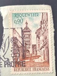 Fransa Pulu - France Stamp - Mektup Zarfından Kesilmiş /Postadan Geçmiş Pul Filateli -  Damgalı - Riquewihr Alsace Köyü Kapı Kulesi Temalı Pul, 0.90 PARA - YABANCI PULLAR -NOSTALJİK DOĞUM GÜNÜ HEDİYESİ