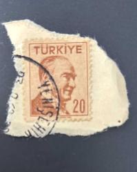 Türk Pulu - Turkish Stamp - Mektup Zarfından Kesilmiş / Postadan Geçmiş Pul Filateli - DAMGALI - ATATÜRK TEMALI PUL, 20 PARA - Türkiye Cumhuriyeti - NOSTALJİK DOĞUM GÜNÜ HEDİYESİ