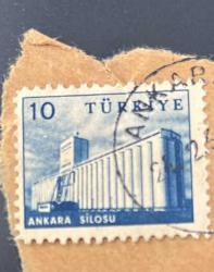 Türk Pulu - Turkish Stamp - Mektup Zarfından Kesilmiş / Postadan Geçmiş Pul Filateli - DAMGALI - ANKARA SİLOSU TEMALI PUL, 10 PARA - Türkiye Cumhuriyeti - NOSTALJİK DOĞUM GÜNÜ HEDİYESİ