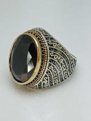 FASET KESİM GÜMÜŞ YÜZÜK, SİYAH ONİX TAŞLI, GELENEKSEL OSMANLI MOTİFLİ