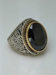 FASET KESİM GÜMÜŞ YÜZÜK, SİYAH ONİX TAŞLI, GELENEKSEL OSMANLI MOTİFLİ
