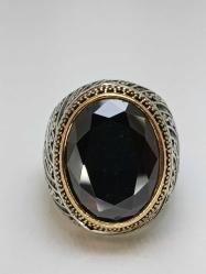 FASET KESİM GÜMÜŞ YÜZÜK, SİYAH ONİX TAŞLI, GELENEKSEL OSMANLI MOTİFLİ