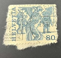 İsviçre Helvetya Pulu - Helvetia Stamp - Mektup Zarfından Kesilmiş/Postadan Geçmiş Pul Filateli - Vogel Gryff Basel Festivali Temalı Pul, 80 PARA - YABANCI PULLAR -NOSTALJİK DOĞUM GÜNÜ HEDİYESİ