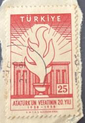 Türk Pulu - Turkish Stamp - Mektup Zarfından Kesilmiş / Postadan Geçmiş Pul Filateli - DAMGALI - ATATÜRK'ÜN VEFATININ 20.YILI TEMALI PUL, 25 PARA - Türkiye Cumhuriyeti - NOSTALJİK DOĞUM GÜNÜ HEDİYESİ
