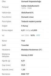 Osmanlı Son Dönem Sultan Abdülhamid Dönemi Gümüş 5 Kuruş..