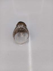 GÜMÜŞ YÜZÜK, ELİF VE VAV HARFLİ, KEHRİBAR TAŞLI, OSMANLI TARZI KALEM İŞÇİLİKLİ