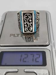 GÜMÜŞ YÜZÜK, FİRUZE TAŞ İŞLEMELİ, MOZAİK FORM