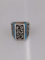 GÜMÜŞ YÜZÜK, FİRUZE TAŞ İŞLEMELİ, MOZAİK FORM