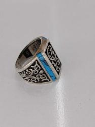 GÜMÜŞ YÜZÜK, FİRUZE TAŞ İŞLEMELİ, MOZAİK FORM