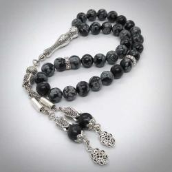 Kar Tanesi Obsidyen Doğal Taş Tesbih, 8mm, 33'lü-Özel Tasarım-Şık Püskül Detaylı