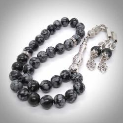 Kar Tanesi Obsidyen Doğal Taş Tesbih, 8mm, 33'lü-Özel Tasarım-Şık Püskül Detaylı